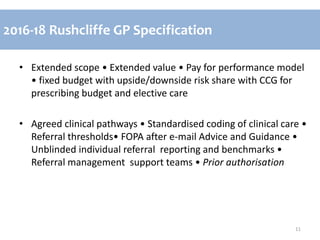 • LLP GP provider interface for 118K Rushcliffe patients, established 2015
• Extended scope • Extended value • Pay for performance model
• fixed budget with upside/downside risk share with CCG for
prescribing budget and elective care
• Agreed clinical pathways • Standardised coding of clinical care •
Referral thresholds• FOPA after e-mail Advice and Guidance •
Unblinded individual referral reporting and benchmarks •
Referral management support teams • Prior authorisation
11
2016-18 Rushcliffe GP Specification
 