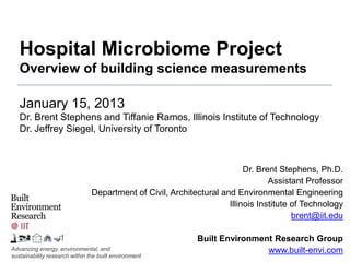 Hospital Microbiome Project
   Overview of building science measurements

   January 15, 2013
   Dr. Brent Stephens and Tiffanie Ramos, Illinois Institute of Technology
   Dr. Jeffrey Siegel, University of Toronto



                                                                          Dr. Brent Stephens, Ph.D.
                                                                                 Assistant Professor
                                Department of Civil, Architectural and Environmental Engineering
                                                                     Illinois Institute of Technology
                                                                                        brent@iit.edu

                                                            Built Environment Research Group
Advancing energy, environmental, and                                        www.built-envi.com
sustainability research within the built environment
 