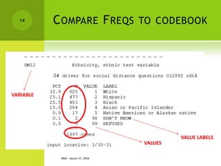 COMPARE FREQS TO CODEBOOK
NISO - AUGUST 31, 2016
14
VALUES
VALUE LABELS
VARIABLE
 