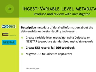 INGEST-VARIABLE LEVEL METADATA
Descriptive metadata of detailed information about the
data enables understandability and reuse:
 Create variable-level metadata, using Colectica or
NESSTAR to produce standardized metadata records
 Create DDI record; full DDI codebook
 Migrate DDI to Colectica Repository
NISO - AUGUST 31, 2016
22
Produce and review with investigator
NESSTAR
 