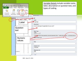 Label
Question
text
Numeric
values
Variable Details include variable name,
label, description or question text, and
types of coding.
NISO - AUGUST 31, 2016
24
 