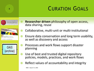 CURATION GOALS
 Researcher driven philosophy of open access,
data sharing, reuse
 Collaborative, multi-unit or multi-institutional
 Ensure data conservation and long term usability,
as well as discovery and access
 Processes and work flows support disaster
planning
 Use of best and trusted digital repository
policies, models, practices, and work flows
 Reflect values of accountability and integrity
NISO - AUGUST 31, 2016
6
 