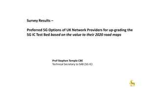 Prof Stephen Temple CBE
Technical Secretary to SAB (5G IC)
Survey Results –
Preferred 5G Options of UK Network Providers for up-grading the
5G IC Test Bed based on the value to their 2020 road maps
 