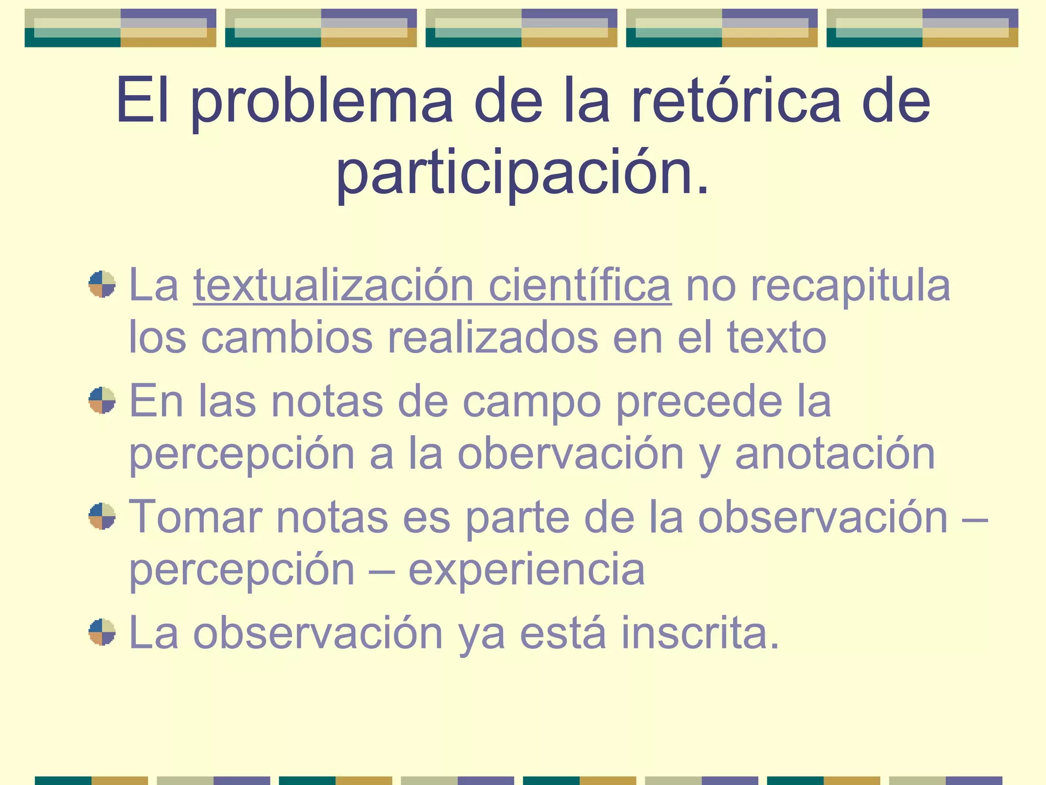 El problema de la retórica de participación. La  textualización científica  no recapitula los cambios realizados en el texto En las notas de campo precede la percepción a la obervación y anotación Tomar notas es parte de la observación – percepción – experiencia La observación ya está inscrita. 