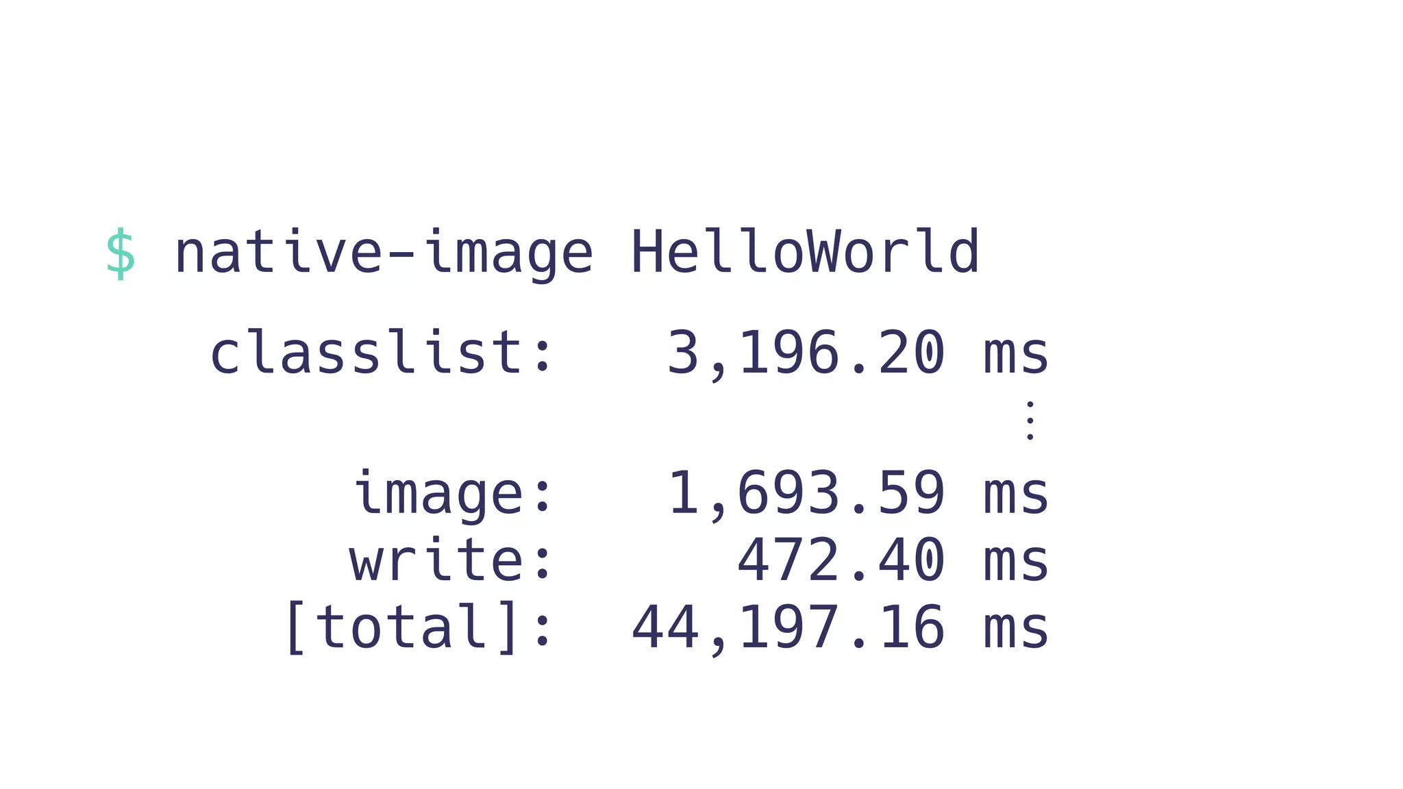 $ native-image HelloWorld
classlist: 3,196.20 ms
⋮
image: 1,693.59 ms
write: 472.40 ms
[total]: 44,197.16 ms
 