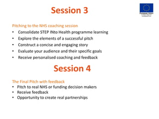 Session 3
Pitching to the NHS coaching session
• Consolidate STEP INto Health programme learning
• Explore the elements of...