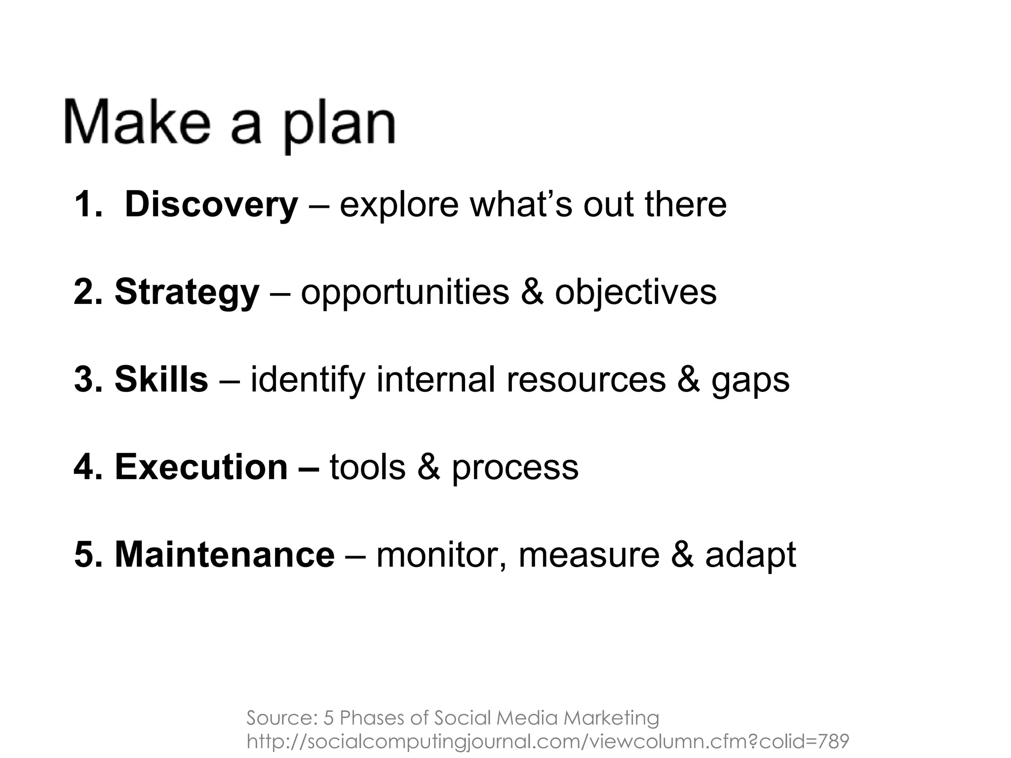 Make a plan1.  Discovery – explore what’s out there2. Strategy – opportunities & objectives3. Skills – identify internal resources & gaps4. Execution – tools & process5. Maintenance – monitor, measure & adapt Source: 5 Phases of Social Media Marketinghttp://socialcomputingjournal.com/viewcolumn.cfm?colid=789