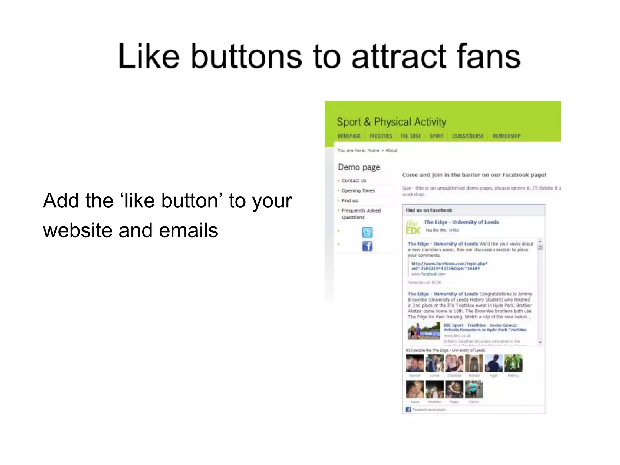 Like buttons to attract fansAdd the ‘like button’ to your website and emails