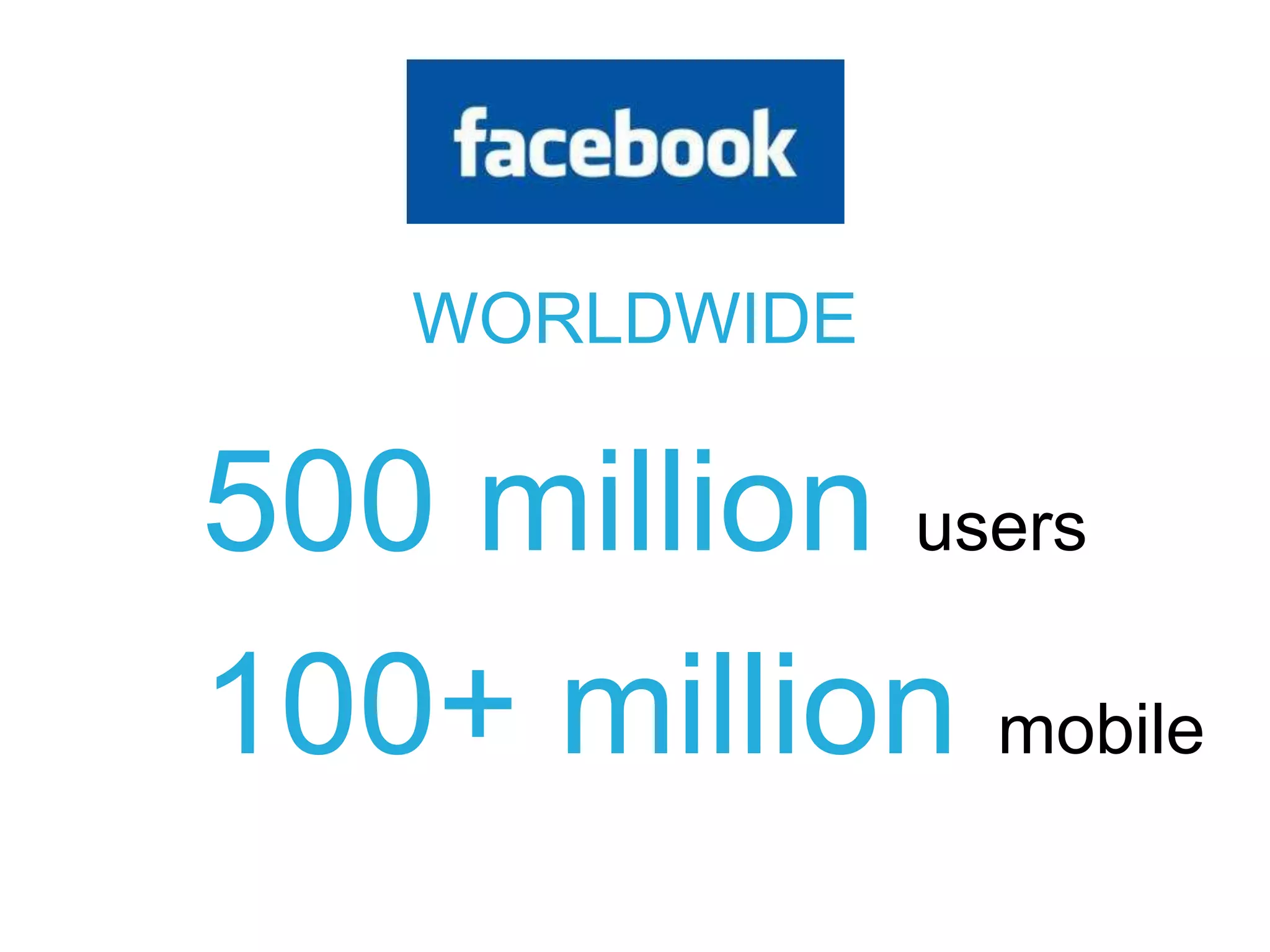 500 million users
100+ million mobile
WORLDWIDE
 