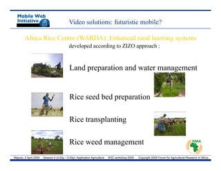 Video solutions: futuristic mobile?

        Africa Rice Centre (WARDA): Enhanced rural learning systems
            New videos developed according to ZIZO approach :


                                            Land preparation and water management


                                            Rice seed bed preparation

                                            Rice transplanting
                                            Ri t       l ti

                                            Rice
                                            Ri weed management
                                                  d
Maputo, 2 April 2009   Session II (4.00p – 5.00p): Application Agriculture   W3C workshop 2009   Copyright 2009 Forum for Agricultural Research in Africa
 
