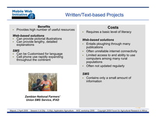 Written/Text-based Projects

                    Benefits                                                                                Costs
   • Provides high number of useful resources
                                                                                  • Requires a basic level of literacy
   Web-based solutions
   • Can provide pictorial illustrations                                          Web-based solutions
   • Can provide lengthy, detailed
     explanations                                                                 • Entails ploughing through many
                                                                                    publications
   SMS                                                                            • Often unreliable internet connectivity
                                                                                                                         y
   • Can be Customised for language                                               • Limited access to and ability to use
   • Cell phone use rapidly expanding
     throughout the continent                                                       computers among many rural
                                                                                    populations
                                                                                  • Often not updated regularly
                                                                                                p         g    y

                                                                                  SMS
                                                                                  • Contains only a small amount of
                                                                                    information



                Zambian National Farmers’
                 Union SMS Service, IFAD


Maputo, 2 April 2009   Session II (4.00p – 5.00p): Application Agriculture   W3C workshop 2009   Copyright 2009 Forum for Agricultural Research in Africa
 