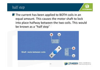 half step
The current has been applied to BOTH coils in an
equal amount. This causes the motor shaft to lock
into place halfway between the two coils. This would
be known as a “half step”
89
 