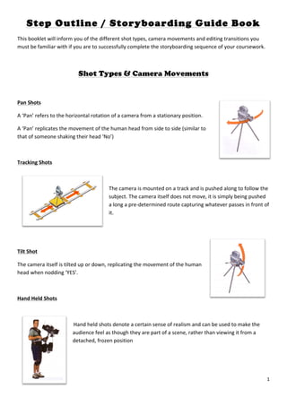Step Outline / Storyboarding Guide Book
This booklet will inform you of the different shot types, camera movements and editing transitions you 
must be familiar with if you are to successfully complete the storyboarding sequence of your coursework.  

 

                            Shot Types & Camera Movements


Pan Shots 

A ‘Pan’ refers to the horizontal rotation of a camera from a stationary position.  

A ‘Pan’ replicates the movement of the human head from side to side (similar to 
that of someone shaking their head ‘No’) 

 

Tracking Shots 

                                         

                                        The camera is mounted on a track and is pushed along to follow the 
                                        subject. The camera itself does not move, it is simply being pushed 
                                        a long a pre‐determined route capturing whatever passes in front of 
                                        it. 

                                         

 

Tilt Shot 

The camera itself is tilted up or down, replicating the movement of the human 
head when nodding ‘YES’.  

 

Hand Held Shots 

 

                        Hand held shots denote a certain sense of realism and can be used to make the 
                        audience feel as though they are part of a scene, rather than viewing it from a 
                        detached, frozen position 

                         

                         

                                                                                                           1 
 
 