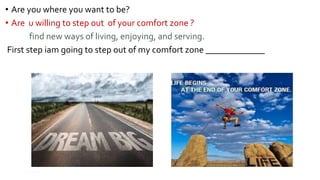 • Are you where you want to be?
• Are u willing to step out of your comfort zone ?
find new ways of living, enjoying, and serving.
First step iam going to step out of my comfort zone _____________
13
 