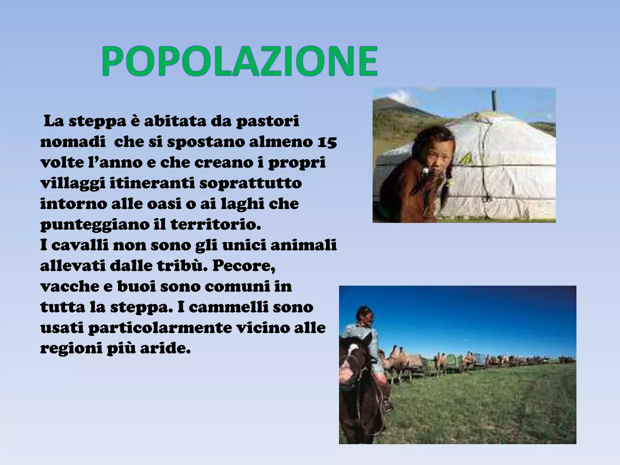 La steppa è abitata da pastori
nomadi che si spostano almeno 15
volte l’anno e che creano i propri
villaggi itineranti soprattutto
intorno alle oasi o ai laghi che
punteggiano il territorio.
I cavalli non sono gli unici animali
allevati dalle tribù. Pecore,
vacche e buoi sono comuni in
tutta la steppa. I cammelli sono
usati particolarmente vicino alle
regioni più aride.
 