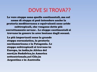 DOVE SI TROVA??
 Le vere steppe sono quelle continentali, ma col
    nome di steppa si può intendere anche la
prateria mediterranea o equivalenti zone aride
       subtropicali, che vengono dette più
correttamente savane . Le steppe continentali si
 trovano in genere in aree lontane dagli oceani.
Le più importanti sono la grande
steppa euroasiatica, la prateria
nordamericana e la Patagonia. Le
steppe subtropicali si trovano in
Europa, in india,in Africa del
nord,in Sudafrica,in America
settentrionale,nel Cile,in
Argentina e in Australia
 