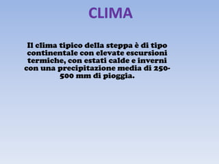 Il clima tipico della steppa è di tipo
 continentale con elevate escursioni
 termiche, con estati calde e inverni
con una precipitazione media di 250-
          500 mm di pioggia.
 