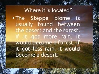 Where it is located?
●
The Steppe biome is
usually found between
the desert and the forest.
If it got more rain, it
would become a forest. If
it got less rain, it would
become a desert.
 