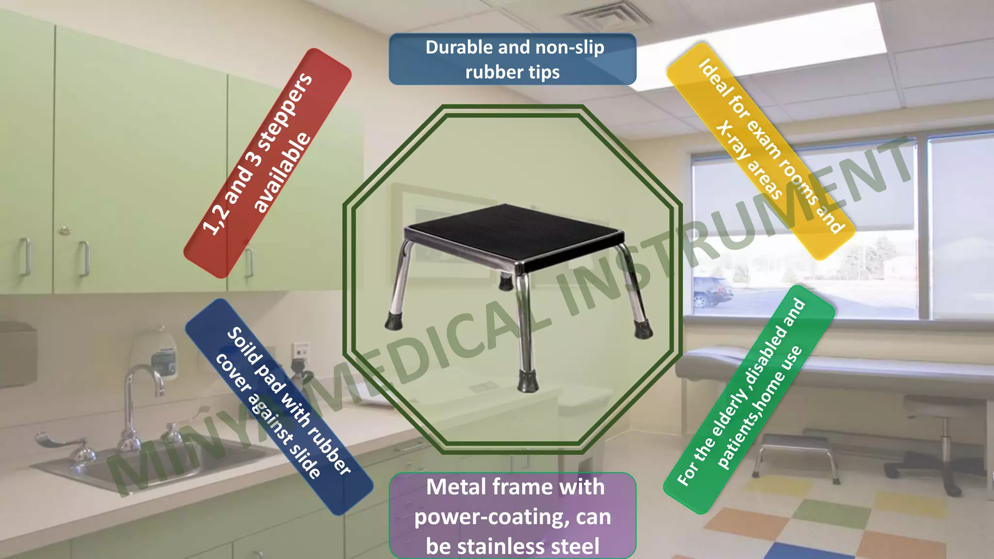 Durable and non-slip
rubber tips
Metal frame with
power-coating, can
be stainless steel