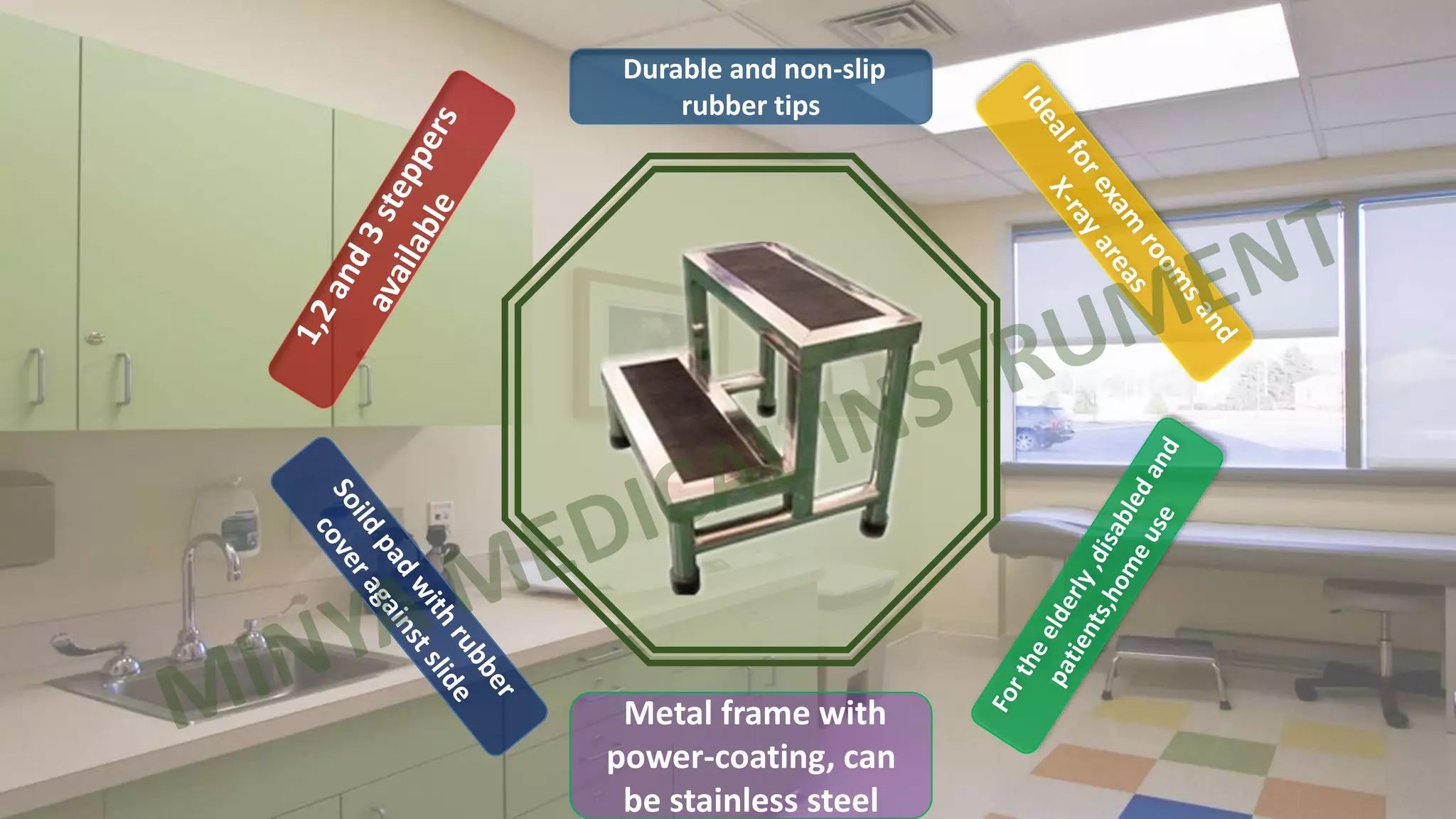 Durable and non-slip
rubber tips
Metal frame with
power-coating, can
be stainless steel