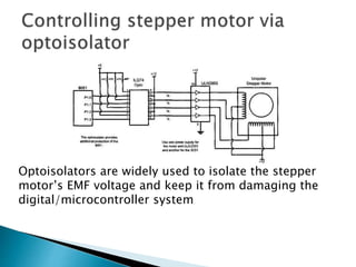 Optoisolators are widely used to isolate the stepper
motor’s EMF voltage and keep it from damaging the
digital/microcontroller system
 