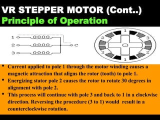 04 March 2021 Prepared by M.Srinivasan 15
VR STEPPER MOTOR (Cont..)
Principle of Operation
• Current applied to pole 1 through the motor winding causes a
magnetic attraction that aligns the rotor (tooth) to pole 1.
• Energizing stator pole 2 causes the rotor to rotate 30 degrees in
alignment with pole 2.
• This process will continue with pole 3 and back to 1 in a clockwise
direction. Reversing the procedure (3 to 1) would result in a
counterclockwise rotation.
 
