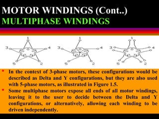 04 March 2021 Prepared by M.Srinivasan 28
MOTOR WINDINGS (Cont..)
MULTIPHASE WINDINGS
• In the context of 3-phase motors, these configurations would be
described as Delta and Y configurations, but they are also used
with 5-phase motors, as illustrated in Figure 1.5.
• Some multiphase motors expose all ends of all motor windings,
leaving it to the user to decide between the Delta and Y
configurations, or alternatively, allowing each winding to be
driven independently.
 