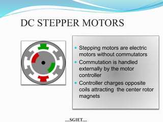 DC STEPPER MOTORS 
 Stepping motors are electric 
motors without commutators 
 Commutation is handled 
externally by the motor 
controller 
 Controller charges opposite 
coils attracting the center rotor 
magnets 
….SGIET…. 
 