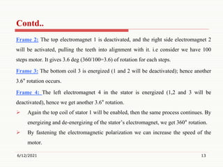 Frame 2: The top electromagnet 1 is deactivated, and the right side electromagnet 2
will be activated, pulling the teeth into alignment with it. i.e consider we have 100
steps motor. It gives 3.6 deg (360/100=3.6) of rotation for each steps.
Frame 3: The bottom coil 3 is energized (1 and 2 will be deactivated); hence another
3.6° rotation occurs.
Frame 4: The left electromagnet 4 in the stator is energized (1,2 and 3 will be
deactivated), hence we get another 3.6° rotation.
 Again the top coil of stator 1 will be enabled, then the same process continues. By
energizing and de-energizing of the stator’s electromagnet, we get 360° rotation.
 By fastening the electromagnetic polarization we can increase the speed of the
motor.
6/12/2021 13
Contd..
 