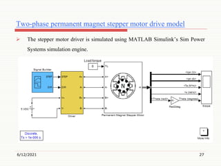 Two-phase permanent magnet stepper motor drive model
 The stepper motor driver is simulated using MATLAB Simulink’s Sim Power
Systems simulation engine.
6/12/2021 27
 