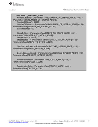 case START_STEPPER_ADDR:
NumberOfSteps = (ParametersTable[NUMBER_OF_STEPS3_ADDR] << 8) +
(ParametersTable[NUMBER_OF_STEPS2_ADDR]);
NumberOfSteps *= 65536;
NumberOfSteps += (ParametersTable[NUMBER_OF_STEPS1_ADDR] << 8) +
ParametersTable[NUMBER_OF_STEPS0_ADDR];
ExecutedSteps = 0;
StepsToStop = (ParametersTable[STEPS_TO_STOP3_ADDR] << 8) +
(ParametersTable[STEPS_TO_STOP2_ADDR]);
StepsToStop *= 65536;
StepsToStop += (ParametersTable[STEPS_TO_STOP1_ADDR] << 8) +
ParametersTable[STEPS_TO_STOP0_ADDR];
StartStepperSpeed = (ParametersTable[START_SPEED1_ADDR] << 8) +
ParametersTable[START_SPEED0_ADDR];
DesiredStepperSpeed = (ParametersTable[DESIRED_SPEED1_ADDR] << 8) +
ParametersTable[DESIRED_SPEED0_ADDR];
AccelerationRate = (ParametersTable[ACCEL1_ADDR] << 8) +
ParametersTable[ACCEL0_ADDR];
DecelerationRate = (ParametersTable[DECEL1_ADDR] << 8) +
ParametersTable[DECEL0_ADDR];
www.ti.com I2
C Protocol and Communications Engine
17SLVA488A–October 2011–Revised January 2014 Intelligent Stepper Motor Driver with DRV8811/18/24/25
Submit Documentation Feedback
Copyright © 2011–2014, Texas Instruments Incorporated
 