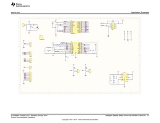 1
1
2
2
3
3
4
4
5
5
6
6
D D
C C
B B
A A
1 2
3 4
5 6
7 8
9 10
11 12
13 14
J1
JTAG
GND
V3p3
SBWTCK
V3p3
GND
0.1uF
C1
nSLEEP
STEP
1
TP1
VM
VM
1
TP2
GND
GND
1
TP3
V3P3
0.1uFC5
1
2
3
4
J5
Stepper
AOUT1
AOUT2
C3 0.01uF CP1
CP2
0.1uFC6
VCP
0.1uFC4
VM
AOUT1
AOUT2
ISENA
DECAY
nFAULT
nSLEEP
V3P3OUT
BOUT1
BOUT2
ISENB DIR
nENABLE
STEP
MD0
MD1
MD2
.47uFC7
1
2
J2
VM
1
2
3
4
J4
Stepper
AOUT1
AOUT2
3.3KR7
.2R6
.2R5
100uF
C2
3.3K
R1
D1
VM
VM
BOUT1
BOUT2
BOUT1
BOUT2
GND
0
OUT
1
FB
2
NC
3
GND
4
EN
5
NC
6
NC
7
IN
8
U3
TPS79801
10uF
C9
VM
61.9K
R11
39K
R12
V3p3
TST/SBW
1
DVCC
2
P2.5
3
DVSS
4
P2.7/XOUT
5
P2.6/XIN
6
RST
7
P2.0
8
P2.1
9
P2.2
10
P3.0
11
P3.1
12
P3.2
13
P3.3
14
P3.4/TX
15
P3.5/RX
16
P3.6/TA1.0
17
P3.7/TA1.1
18
P2.3
19
P2.4
20
P1.0/TACLK
21
P1.1/TA0.0
22
P1.2/TA0.1
23
P1.3/TA0.2
24
P1.4/TCK
25
P1.5/TMS
26
P1.6TCLK
27
P1.7/TDI
28
U1
MSP430F2132
CP1
1
CP2
2
VCP
3
VMA
4
AOUT1
5
ISENA
6
AOUT2
7
BOUT2
8
ISENB
9
BOUT1
10
VMB
11
VREF
12
VREF
13
GND
14
V3P3OUT
15
nRESET
16
nSLEEP
17
nFAULT
18
DECAY
19
DIR
20
nENABLE
21
STEP
22
NC
23
MODE0
24
MODE1
25
MODE2
26
nHOME
27
GND
28
GND
0
U2
DRV8825
MD0 MD1
MD2
GPIO0
GPIO1
GPIO2 GPIO3
GPIO4
GPIO5
DIR
SDA
SCL
VREF_PWM
nENABLE
HOME
SBW_TDOI
SBWTCK
SBW_TDOI
GPIO7
GPIO6
330
R2
V3p3
V3p3
1
2
J6
I2C
SDA
SCL
1
2
3
4
5
6
7
8
9
10
J9
GPIO
V3p3
GPIO0
GPIO1
GPIO2
GPIO3
GPIO4
GPIO5
GPIO6
GPIO7
VREF_PWM
0.01uF
C8
5.1KR8
3.3KR3
1
2
3
J3
HOME
V3p3
HOME
ADR0
ADR1
12
Y1
1
2
JMP1
ADR0
ADR0 ADR1
3.3K
R9
V3p3
1
2
JMP2
ADR0
3.3K
R10
V3p3
3.3KR4
nFAULT
TL1
DRV8825Combo
3.3K
R13
www.ti.com Application Schematic
21SLVA488A–October 2011–Revised January 2014 Intelligent Stepper Motor Driver with DRV8811/18/24/25
Submit Documentation Feedback
Copyright © 2011–2014, Texas Instruments Incorporated
 