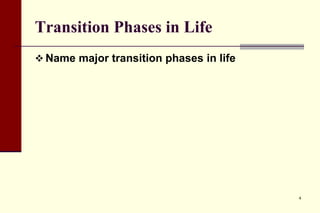 Transition Phases in Life
 Name major transition phases in life

4

 
