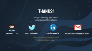 CREDITS: This presentation template was created
by Slidesgo, including icons by Flaticon, and
infographics & images by Freepik.
THANKS!
Do you have any questions?
anishaswain2@gmail.com
@anisha1234 @anishaswain @anishaswain anishaswain2@gmail.com
 