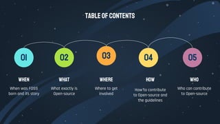 TABLEOFCONTENTS
01 02 03 04
WHEN
When was FOSS
born and its story
WHAT
What exactly is
Open-source
WHERE
How to contribute
to Open-source and
the guidelines
HOW
Where to get
involved
05
Who
Who can contribute
to Open-source
 