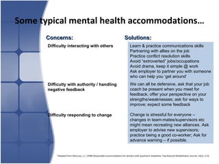 Some typical mental health accommodations… Difficulty interacting with others Difficulty with authority / handling negative feedback Difficulty responding to change Concerns: Solutions: Learn & practice communications skills  Partnering with allies on the job Practice conflict resolution skills Avoid “extroverted” jobs/occupations Avoid drama, keep it simple @ work Ask employer to partner you with someone who can help you ‘get around’ We can all be defensive, ask that your job coach be present when you meet for feedback; offer your perspective on your strengths/weaknesses; ask for ways to improve; expect some feedback Change is stressful for everyone – changes in team-mates/supervisors etc might mean recreating new alliances. Ask employer to advise new supervisors; practice being a good co-worker; Ask for advance warning – if possible. *Adapted from Mancuso, L.L. (1990) Reasonable accommodations for workers with psychiatric disabilities. Psychosocial Rehabilitation Journal, 14(2), 3-19. 