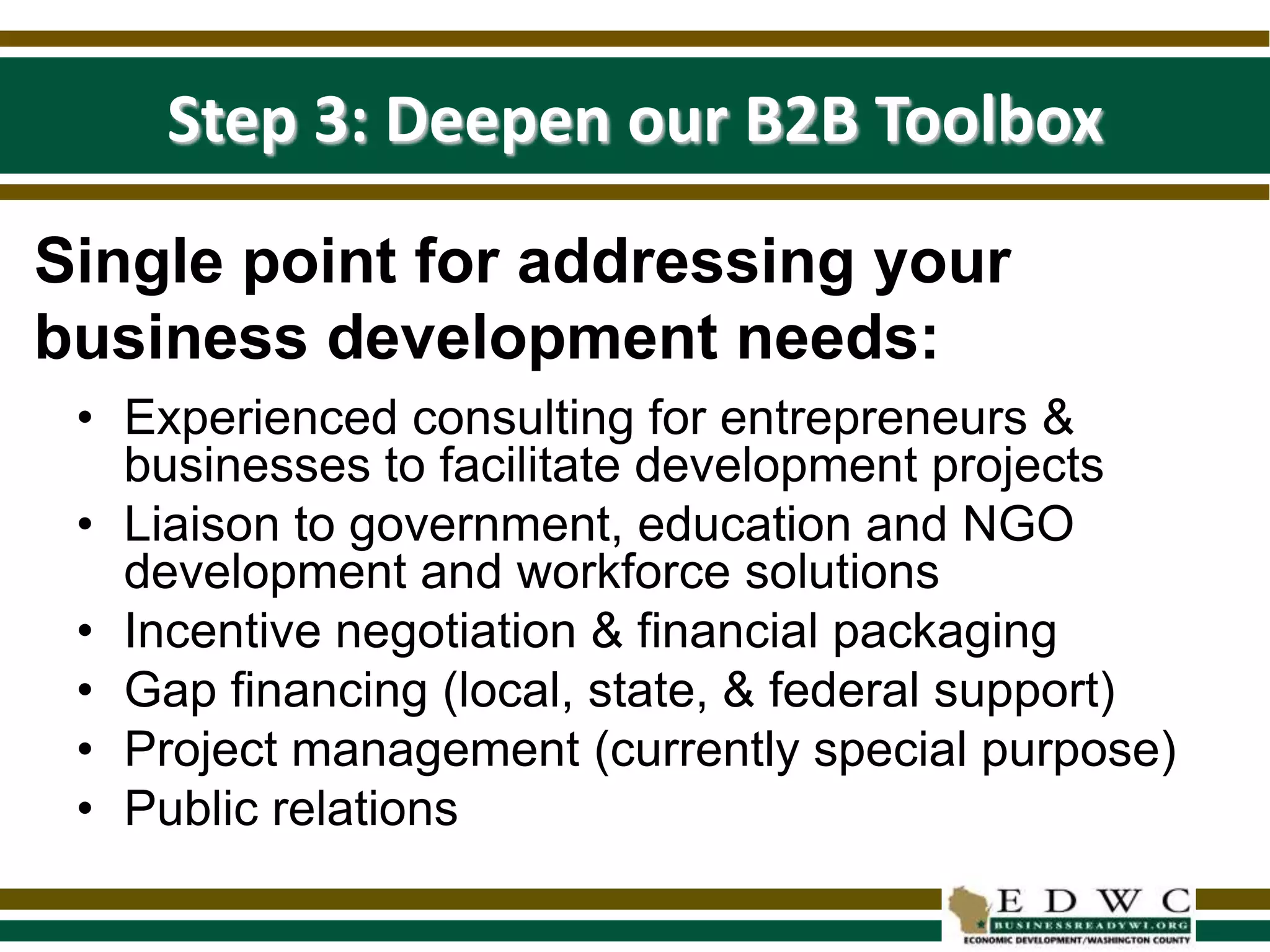 Developed a “next level” solution for upgrading EDWC information technology to meet organization’s more intensive IT needs2010 Committee ActivityCommitteesSample 2010 WorkAgribusinessBusiness retention & expansionExecutiveMarketingMember / Investor relationsHealthcareRevolving loan fundWorkforceDevelop specific tactics for new 3-year strategyBusiness mentoring programWebsite revamp / upgradeCap extension for RLFHealthcare seminar seriesMiddle skills programValue-added agricultural opportunities