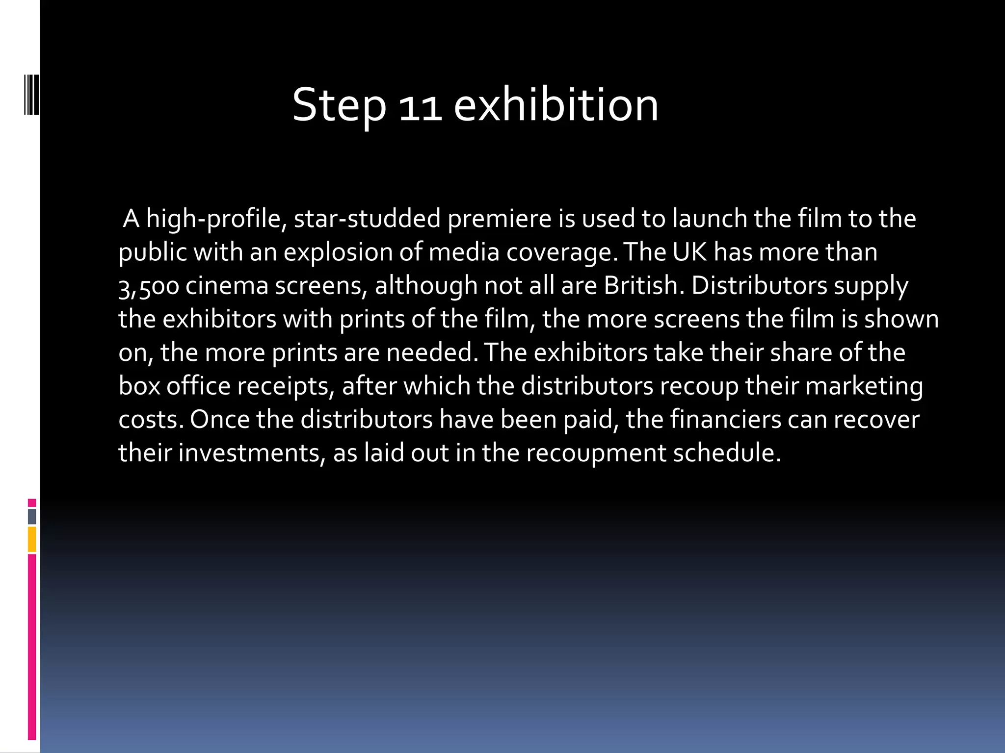 Step 11 exhibition

A high-profile, star-studded premiere is used to launch the film to the
public with an explosion of media coverage. The UK has more than
3,500 cinema screens, although not all are British. Distributors supply
the exhibitors with prints of the film, the more screens the film is shown
on, the more prints are needed. The exhibitors take their share of the
box office receipts, after which the distributors recoup their marketing
costs. Once the distributors have been paid, the financiers can recover
their investments, as laid out in the recoupment schedule.
 