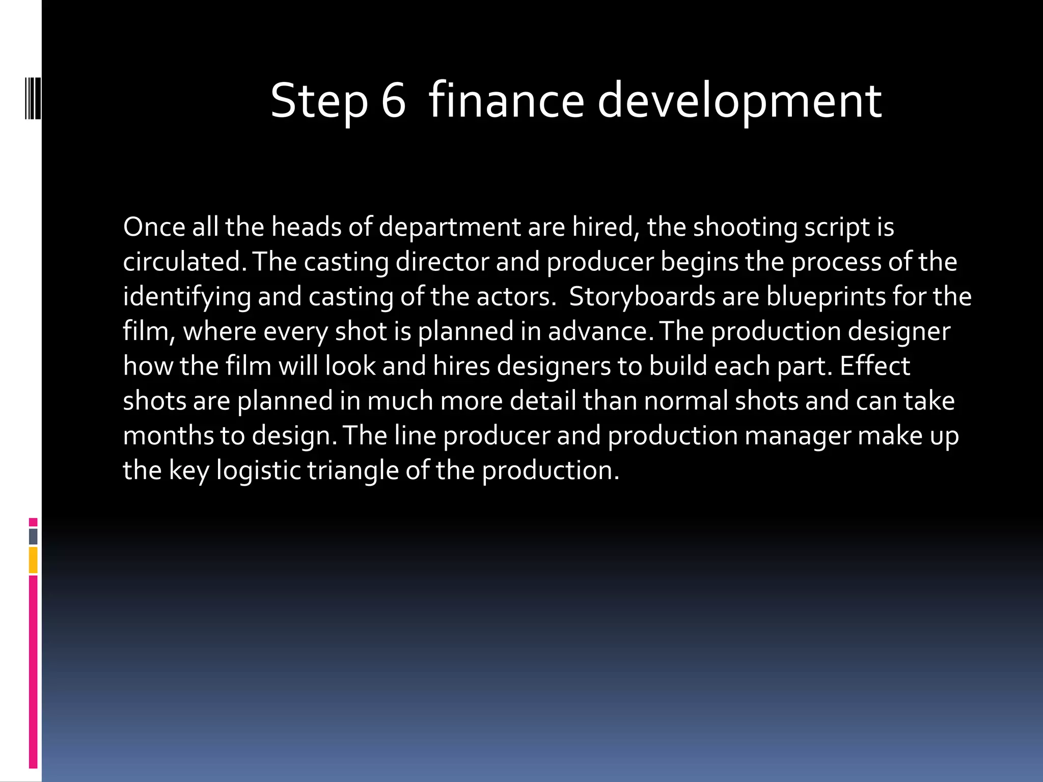 Step 6 finance development

Once all the heads of department are hired, the shooting script is
circulated. The casting director and producer begins the process of the
identifying and casting of the actors. Storyboards are blueprints for the
film, where every shot is planned in advance. The production designer
how the film will look and hires designers to build each part. Effect
shots are planned in much more detail than normal shots and can take
months to design. The line producer and production manager make up
the key logistic triangle of the production.
 