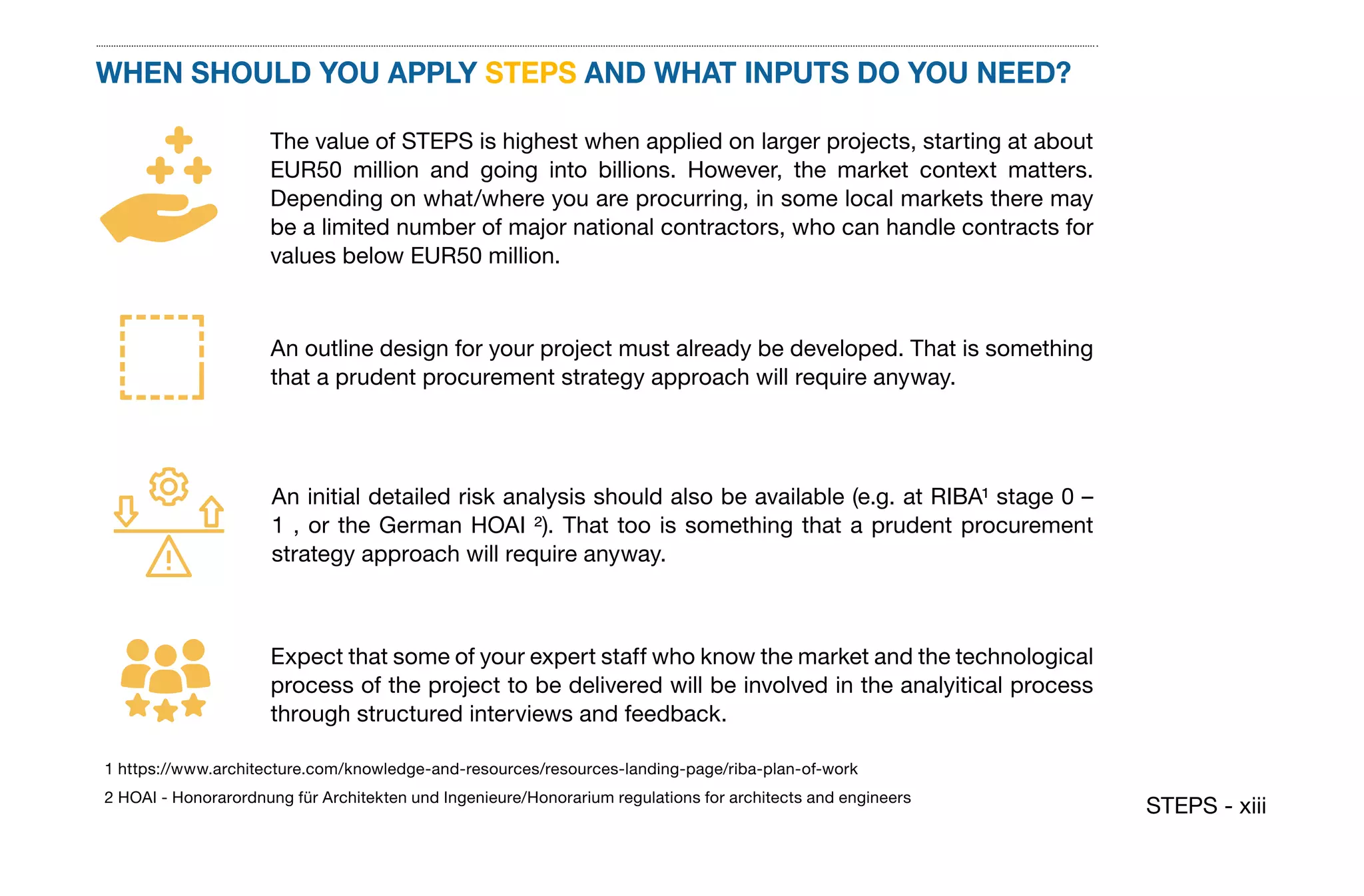 STEPS - xiii
WHEN SHOULD YOU APPLY STEPS AND WHAT INPUTS DO YOU NEED?
The value of STEPS is highest when applied on larger projects, starting at about
EUR50 million and going into billions. However, the market context matters.
Depending on what/where you are procurring, in some local markets there may
be a limited number of major national contractors, who can handle contracts for
values below EUR50 million.
An outline design for your project must already be developed. That is something
that a prudent procurement strategy approach will require anyway.
An initial detailed risk analysis should also be available (e.g. at RIBA1 stage 0 –
1 , or the German HOAI 2). That too is something that a prudent procurement
strategy approach will require anyway.
1 https://www.architecture.com/knowledge-and-resources/resources-landing-page/riba-plan-of-work
2 HOAI - Honorarordnung für Architekten und Ingenieure/Honorarium regulations for architects and engineers
Expect that some of your expert staff who know the market and the technological
process of the project to be delivered will be involved in the analyitical process
through structured interviews and feedback.
 