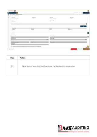 Click ‘Submit’ to submit the Corporate Tax Registration application.
Action
Step
(1)
 