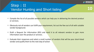 10
Step : II
Vendor Hunting and Short listing
• Compile the list of all possible vendors which can help you in delivering the desired product
or services.
• Obviously not all vendors can fulfill your requirement, list out the few out of all with suitable
vendor background.
• Draft a Request for Information (RFI) and send it to all relevant vendors to gain more
information over the product or services .
• Evaluate their responses and select a small number of vendors that will be your short-listed
vendor and qualify them to the next step of action
 