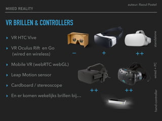 auteur: Raoul Postel
VR BRILLEN & CONTROLLERS
▸ VR HTC Vive
▸ VR Oculus Rift en Go 
(wired en wireless)
▸ Mobile VR (webRT...