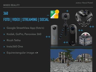 auteur: Raoul Postel
360
FOTO | VIDEO | STREAMING | SOCIAL
▸ Google StreetView App (foto’s)
▸ Kodak, GoPro, Panoview 360
▸...