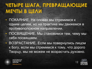 ЧЕТЫРЕ ШАГА, ПРЕВРАЩАЮЩИЕ
МЕЧТЫ В ЦЕЛИ
• ПОКАЯНИЕ. На словах мы стремимся к
одним целям, но на практике мы движемся в
противоположном направлении.
• ПОСВЯЩЕНИЕ. Мы становимся тем, чему мы
себя посвящаем.
• ВОЗРАСТАНИЕ. Если мы повернулись лицом
к Богу, если мы стремимся к тому, что дорого
Творцу, мы не можем не возрастать духовно.
12

 