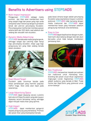Benefits to Advertisers using STEPSADS
Multi-Impact Impression
Penggunaan STEPSADS sebagai media                pada lokasi dimana target adalah penumpang
promosi dan iklan akan memberikan hasil          Escalator yang siap belanja maupun customer
yang sangat tinggi dan pesan yang ingin anda     potensial. STEPSADS tidak bersaing dengan
sampaikan akan menancap dengan kuat dalam        media tradisional dan STEPSADS dapat
benak dan pikirian penumpang Escalator.          memberikan kesan yang menawan sebelum
Penumpang akan melihat dan membaca pesan         pengunjung memasuki area berbelanja.
selama lebih dari 30,5 detik, saat sebelum dan
sedang dan sesudah naik escalator.               Easy to Use
                                                 STEPSADS dapat diaplikasikan dengan mudah,
Dynamic Media Advertising                        team kami akan bekerja dengan baik dan akan
STEPSADS berada pada media yang bergerak,        berusaha untuk tidak banyak membebani
sehingga sangat eye catching tidak hanya         pemasang iklan.
bagi penumpang escalator, tetapi juga bagi
pengunjung lain yang tidak sedang berada
dalam escalator.




                                                 Non-Traditional
                                                 STEPSADS menawarkan kepada perusahaan
                                                 non tradisional untuk memasang iklan,
                                                 branding dan pesan visual diluar segmentasi
Exact Brand Target                               lingkungan rumah. Segmentasi STEPSADS
Escalator pada umumnya berada pada               adalah audience yang berada di Mall, Trade
lokasi perbelanjaan yang memiliki populasi       Centre dan Dept.Store yang potensial untuk
traffict tinggi. Iklan anda akan tepat pada      action belanja!
sasarannya.

Large Advertising Space
STEPSADS dapat dipasang secara customs
baik seluruh Steps Escalator yang ada maupun
dipasang secara berselang seling sehingga
dapat menjadi media iklan yang optimal.

High Impact
STEPSADS dapat memberikan pengaruh
kepada pengunjung yang berbelanja. Promosi
dan pesan iklan yang disampaikan berada
 