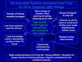 Un-intended Positive Outcome from True CLTS in Tsaondo ODF Village High Quality CLTS triggered without hard ware subsidy & Prescription Variety of latrine models emerged Low Cost materials used for latrines Local knowledge used in abundance, e.g Use of Ash, Pit Cover Community confining free roaming pigs Stopped eating dead animals Cleaned up all the bush to avoid bush fire/No more snake bite/Reduced  malaria cases Songs developed to stop OD Daily change of d/water; Hand washing b4 eating; Cleaning up for kids Right understanding of CLTS by Mr. Yahaya (DEHO) – Recipient of proper Hands-on training (Otukpo, Nigeria) contributed to the excellent outcome 