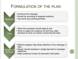 FORMULATION OF THE PLAN
Message
• Construct the message
• Should be according to targeted audience.
• Use some eye catching phrases.
Time
• When the campaign should begin & end.
• When to target you audience so that they make
decisions & carry out actions concerning the topic.
Slogans &
Symbols
• Effective slogans help attract attention to the message or
topic.
• Slogan should emphasis a single idea tied to campaign
objectives.
• Helps audience to learn & remember information.
 