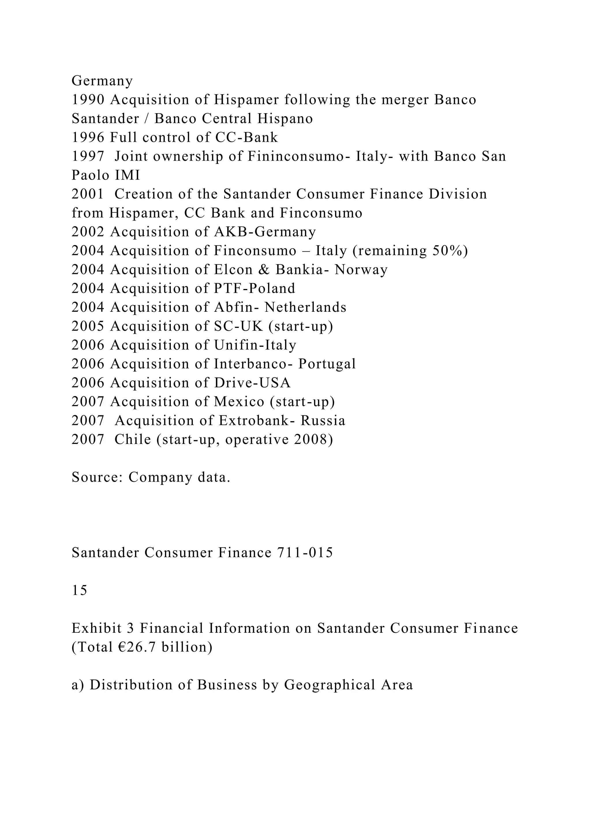Germany
1990 Acquisition of Hispamer following the merger Banco
Santander / Banco Central Hispano
1996 Full control of CC-Bank
1997 Joint ownership of Fininconsumo- Italy- with Banco San
Paolo IMI
2001 Creation of the Santander Consumer Finance Division
from Hispamer, CC Bank and Finconsumo
2002 Acquisition of AKB-Germany
2004 Acquisition of Finconsumo – Italy (remaining 50%)
2004 Acquisition of Elcon & Bankia- Norway
2004 Acquisition of PTF-Poland
2004 Acquisition of Abfin- Netherlands
2005 Acquisition of SC-UK (start-up)
2006 Acquisition of Unifin-Italy
2006 Acquisition of Interbanco- Portugal
2006 Acquisition of Drive-USA
2007 Acquisition of Mexico (start-up)
2007 Acquisition of Extrobank- Russia
2007 Chile (start-up, operative 2008)
Source: Company data.
Santander Consumer Finance 711-015
15
Exhibit 3 Financial Information on Santander Consumer Finance
(Total €26.7 billion)
a) Distribution of Business by Geographical Area
 