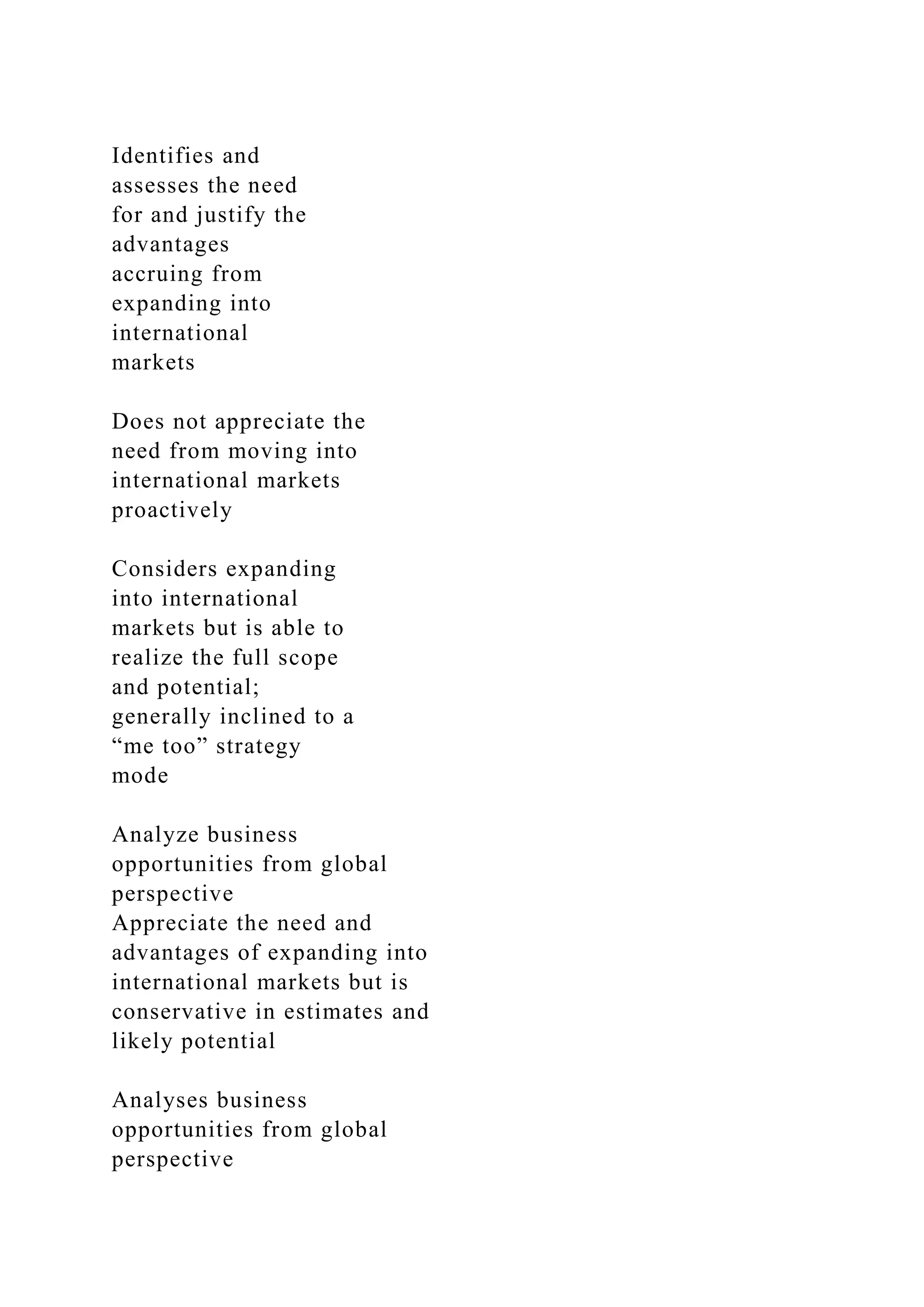 Identifies and
assesses the need
for and justify the
advantages
accruing from
expanding into
international
markets
Does not appreciate the
need from moving into
international markets
proactively
Considers expanding
into international
markets but is able to
realize the full scope
and potential;
generally inclined to a
“me too” strategy
mode
Analyze business
opportunities from global
perspective
Appreciate the need and
advantages of expanding into
international markets but is
conservative in estimates and
likely potential
Analyses business
opportunities from global
perspective
 